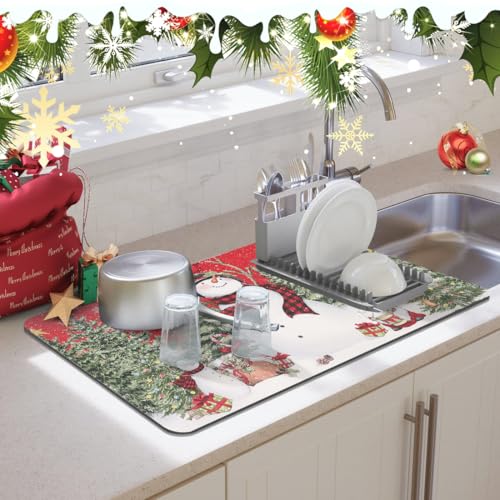 Findosom Red Snowman Christmas Dish Drying Mat 16x24 Inches - Holiday Kitchen Decor