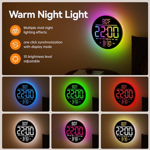 JALL 10" Large Digital Wall Clock with Remote, RGB Color, Big LED