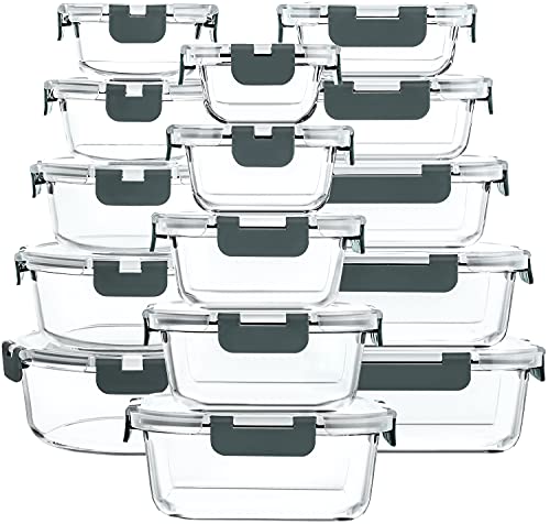 Glass Food Storage Containers Set - 30 Pieces with Lids, Gray