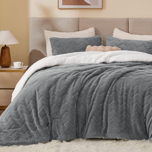 BEDELITE Fluffy Sherpa Queen Comforter Set - Grey, Embossed Floral Design