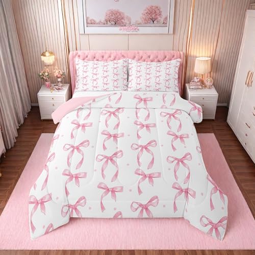 Pink Bow Queen Comforter Set with Pillowcases - Reversible Bedroom Bedding, Girl Kids Teen Decor, White Variation