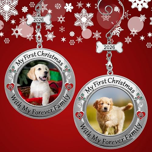 My First Christmas Dog Photo Ornament 2 Pack - Personalized Puppy Keepsake with Photo Insert, Red Heart & Paw Print, 3 Inch