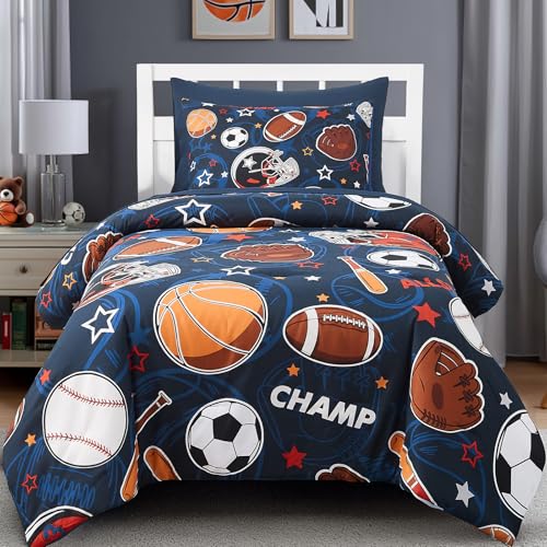Wink Deer Glow in the Dark Twin Comforter Set for Boys - Sports Ball Pattern, 5 Pieces, Bedtime Glow Environment