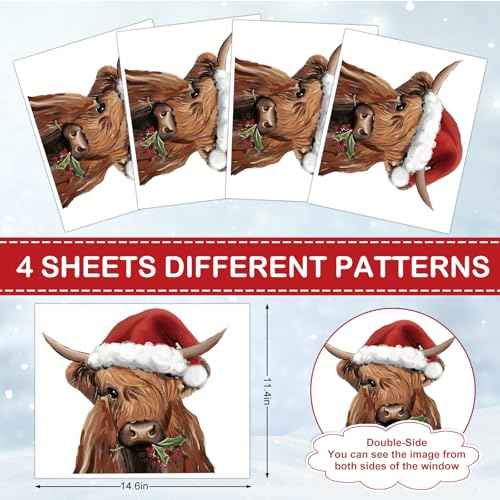 Christmas Window Clings Highland Cow Window Stickers Double-Side Glass Decals for Winter Xmas Farmhouse Home Party Supplies, 11.4 x 14.6 Inch, 4 Sheets