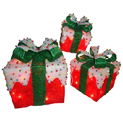 Set of 3 Red Sisal Gift Boxes with White Lights - Holiday Christmas Decorations
