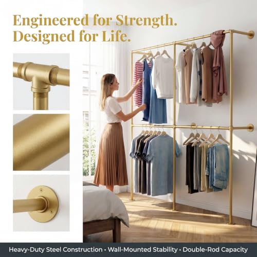 71-Inch Gold Wall Mount Clothing Rack Heavy Duty Pipe Garment Rod for Closet & Retail