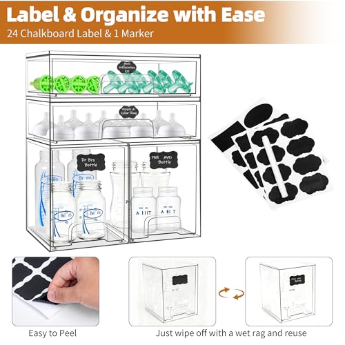 Baby Bottle Organizer 4-Pack Stackable Acrylic Drawers with Labels - 2 High+2 Wide Variation