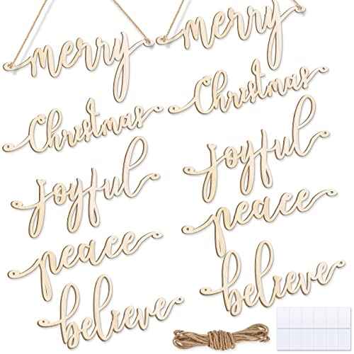Jetec 10 Pcs Christmas Beige Letter Cutout Sign Wooden Word Sign Ornaments Letter Hanging Craft for Xmas Tree Merry Joyful Peace Believe Cutout Plates Table Decors for Rustic Farmhouse Winter Home