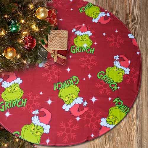 Christmas Tree Skirt 48 Inch,Large Red & Green Merry Christmas Tree Skirt Collar,Soft Farmhouse Xmas Holiday Decoration