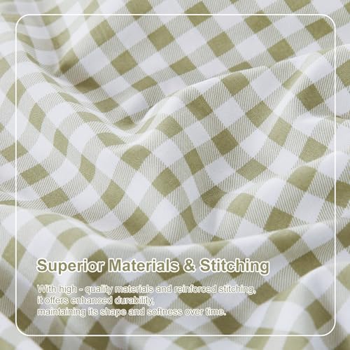 Kisswish Sage Green Gingham Queen Bed Sheet Set with Ruffle Edges, Microfiber, Deep Pocket