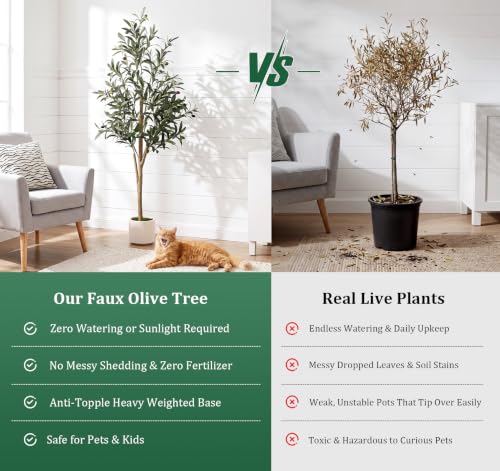 6FT Artificial Olive Tree with Natural Wood Trunk - Indoor Faux Greenery