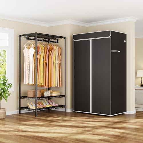 ULIFHOME H5C Clothes Rack with Cover - Heavy Duty Black Wardrobe Organizer