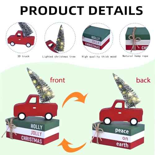 Christmas Decorations for Home, 4pcs Xmas Tiered Tray Decor with Wooden Red Truck, LED Lighted Tree & Book Stack, Rustic Christmas Table Centerpiece for Kitchen, Shelf, Office (4 pcs)