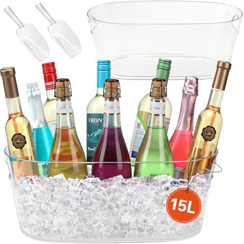 KITHELP 15L Large Ice Bucket for Parties, Beverage Chiller with Scoops, Transparent Acrylic Drink Tub for Champagne Beer Wine