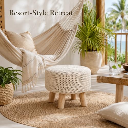 Beige 13-Inch Handmade Cotton Knitted Boho Ottoman with Wooden Legs