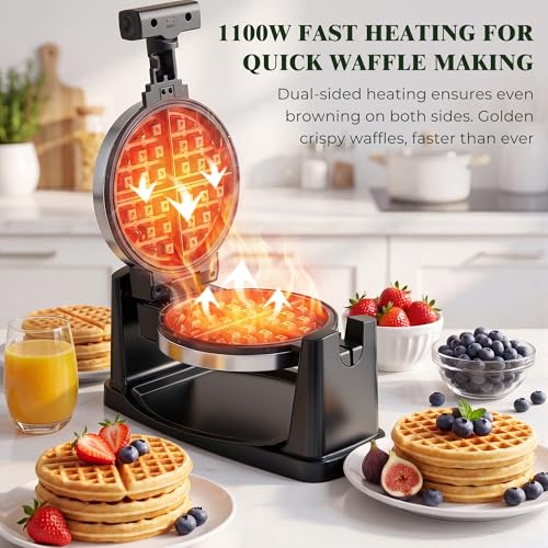 CATTLEMAN Rotating Belgian Waffle Maker with Magnetic Timer and Adjustable Browning