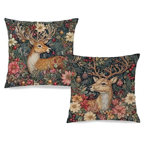 EUYTHNGYF Reindeer-2 Vintage Christmas Floral 18x18 Pillow Covers Set of 2