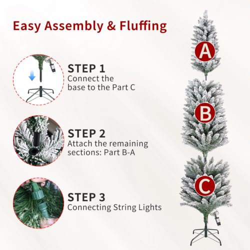 MAKEATREE 5ft Pre-Lit Flocked Pencil Christmas Tree - Slim 19in Width, Warm LED