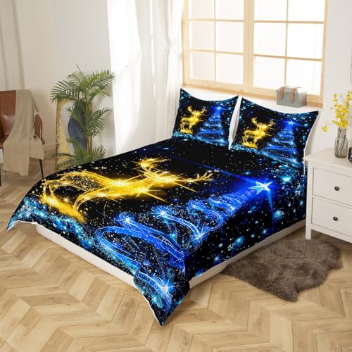 Manfei Christmas Duvet Cover Set Queen Size Gold Reindeer Bedding Set 3pcs for Kids Boys Girls Blue Christmas Tree Comforter Cover Western New Year Theme Quilt Cover with 2 Pillowcases,No Comforter
