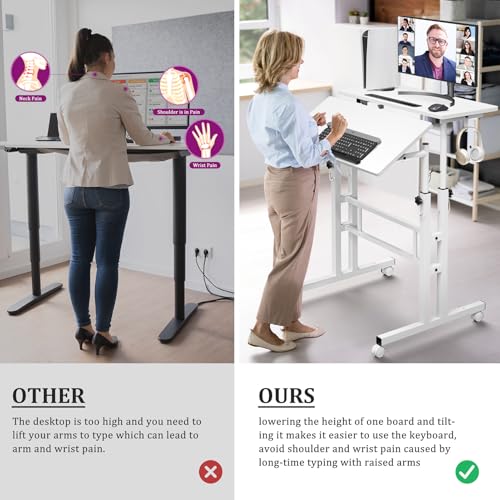 Enayplon White Standing Desk with Wheels - Adjustable Mobile Sit-Stand Table