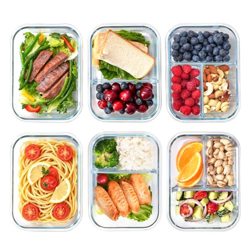 36oz Glass Meal Prep Containers with Dividers - 6 Pack, Leak-Proof, Microwave Safe