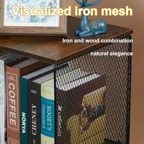 Stackable Cube Storage Organizer with Wooden & Iron Mesh Panels - Walnut Brown, 11.8x12.6x13.7 Inches