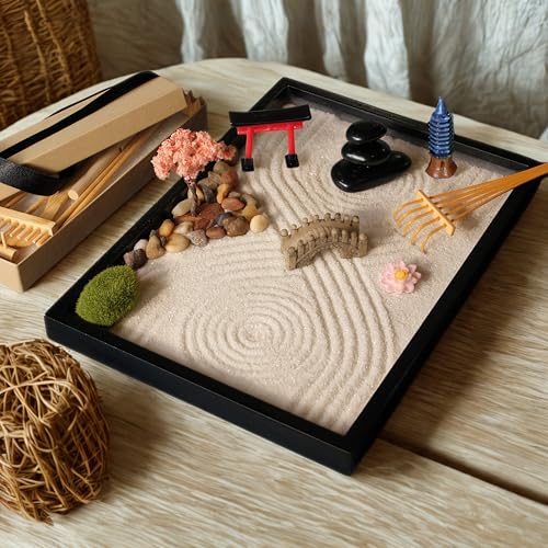 Mini Zen Garden Desk Decor Kit with Rakes, Rocks & Pagoda - 11x8in