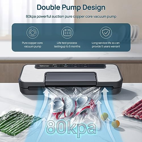 Vakumar Vacuum Sealer Machine Stainless Steel, 80Kpa Food Sealer with Double Pump