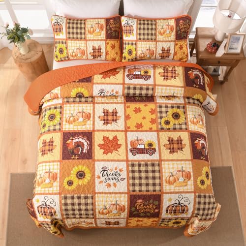 Fall Patchwork Quilt Set Queen - Thanksgiving Pumpkin & Maple Leaves Bedding