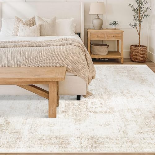 Washable 6x9 Area Rug Beige Vintage Boho Medallion Non-Slip Soft Low Pile for Living Room