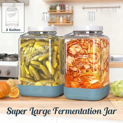 2 Gallon Fermentation Jar with Airlock - Large Glass Mason Jar with Lid & Handle - Square Pickle, Sauerkraut & Kombucha Fermenter - Variation of THIS Listing
