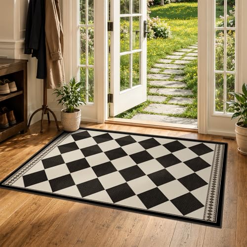 Evyhood 3x5 Black & White Outdoor Jute Look Washable Rug Non-Slip Entryway Carpet
