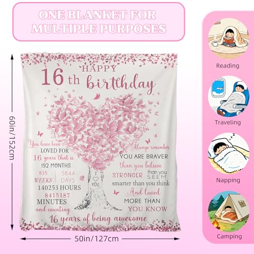 Sweet 16 Gifts for Girls, 16th Birthday Gifts for Girls, Cozy Blanket 50x60 Inch, Unique Birthday Present for 16 Year Old Teenage Daughter, Girly Bday Decorations for Sweet Sixteen Party