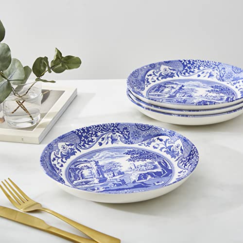 Blue Italian Pasta Bowls Set of 4 - 9 Inch Earthenware Serving Dishes with Oriental Border