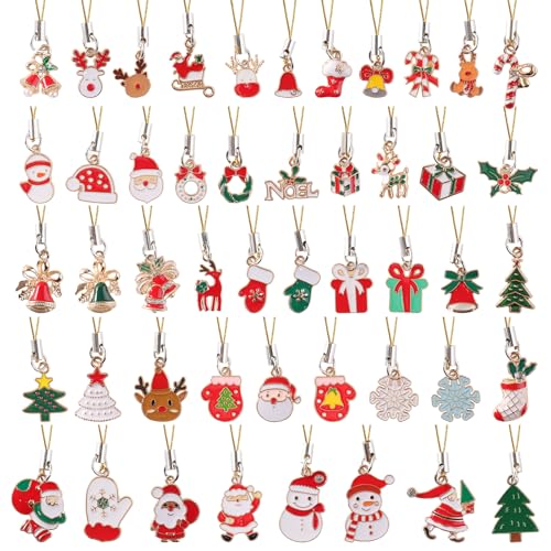 48 PCS Mini Christmas Ornaments Small Tree Decorations Christmas Charms for Jewelry Making with Gold Rope for Xmas Craft Hanging Decor