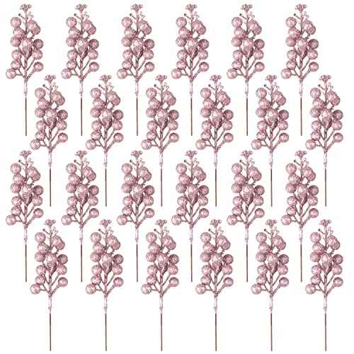24 Pack Glitter Pink Berry Stems,7.5 Inch Christmas Sparking Red Faux Winter Berry Sprigs,Artificial Red Berries Branches for Christmas Tree Garland Wreath Crafts Season Winter Home Decor