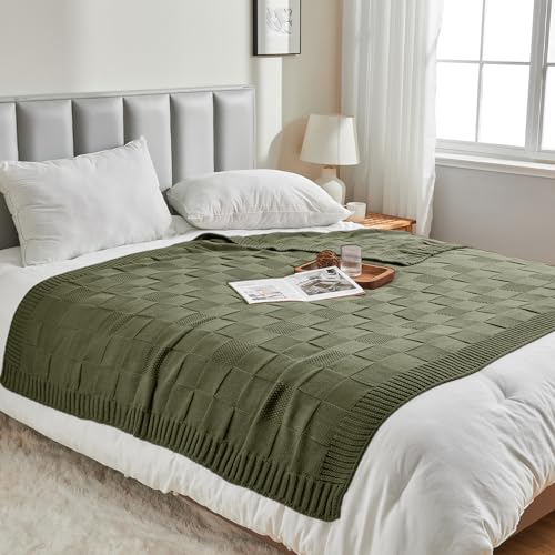 Olive Green Knitted Checkered Throw Blanket 50x60 Inches - Cozy & Stylish