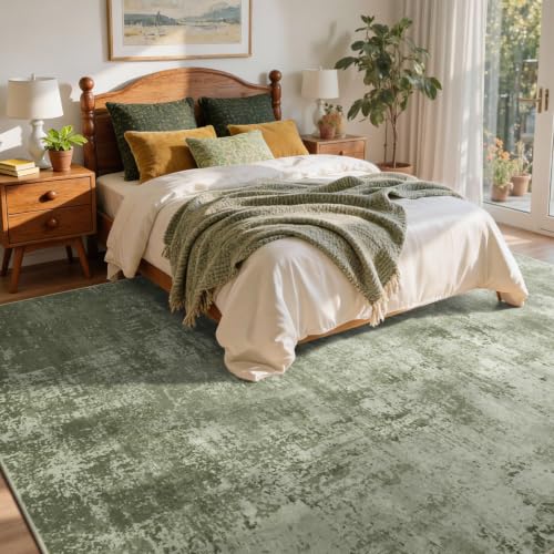 Green Abstract Washable Area Rug - 8x10 Ft Modern Living Room Carpet - Variation Ac66