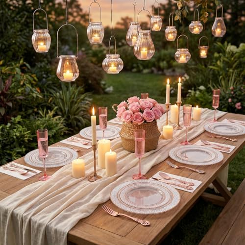 102PCS Rose Gold Plastic Plates Elegant Hammered for Weddings