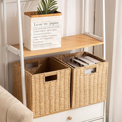 Set of 4 Foldable Storage Baskets with Handles - 11 x 11 x 11 Inches Natural Paper Rope Woven Cubes