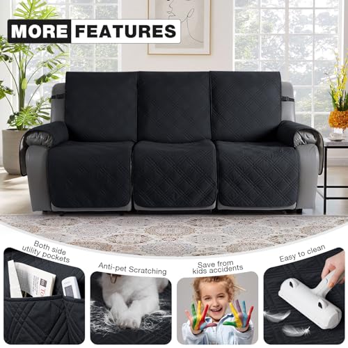 TAOCOCO Waterproof 3 Seater Recliner Sofa Cover Black, 3-Piece Non-Slip Couch Protector