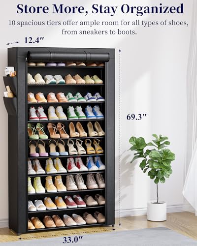 Tall 10-Tier Shoe Rack with Cover - 33 Inch Wide, Removable Shelves, Black Variation of THIS listing