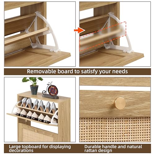 Natural Rattan 3-Tier Shoe Cabinet with Flip Drawers & Large Top Storage