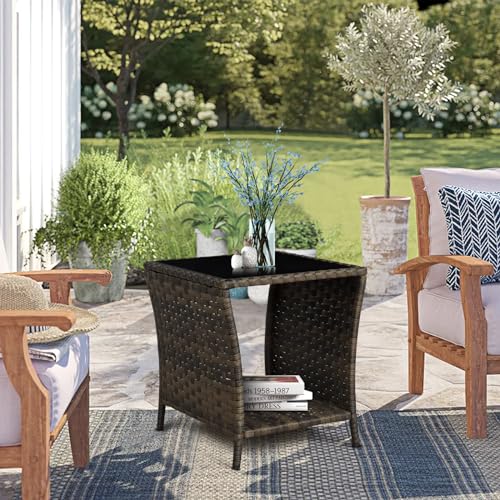 Outdoor Wicker Side Table, Rattan End Glass Top,Patio Garden