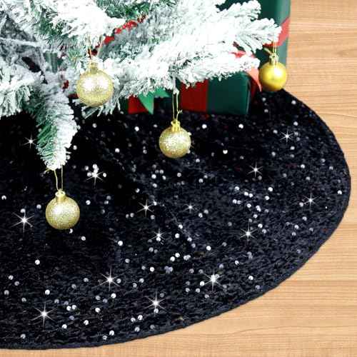 Black Christmas Tree Skirt Velvet 36 Inches Round Glittery Sequin Tree Skirts Xmas Tree Base Cover Mat Outdoor Tree Skirt Christmas Black Halloween Tree Decorations for Family Party Decor