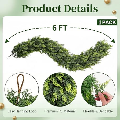 Real Touch Cedar Garland 6 ft – Christmas Mantle Decor by YHAOGALI, 1 Pack