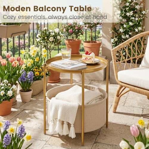 danpinera Gold Side Table with Removable Basket & Tray, Small Round Living Room Accent