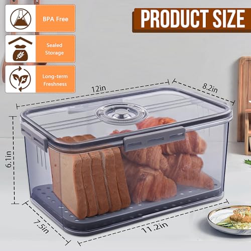Gifhomfix Large Grey Bread Box with Airtight Seal & Time Recording Dial - Kitchen Counter Storage Container for Homemade Bread, Bagels, Donuts, Cookies