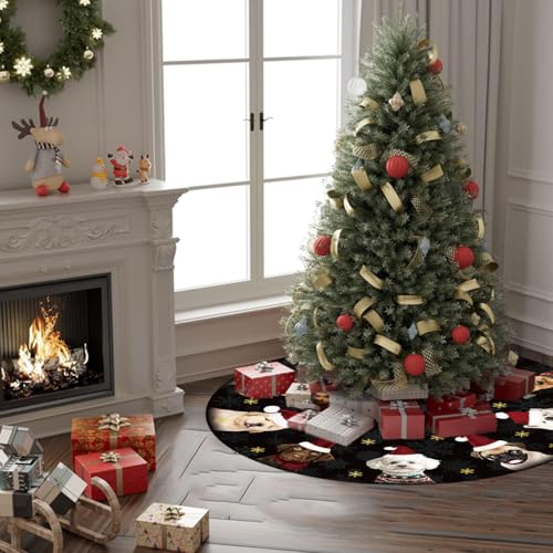 Dog Christmas Tree Skirt 48 Inches Black and Gold Xmas Under Base