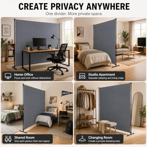 Gray Room Divider 72x72 Inch Privacy Screen Freestanding Partition Wall for Room Separation